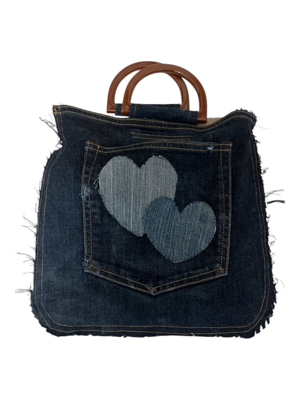 Denim Heart Patch Tote Bag with Brown Handles